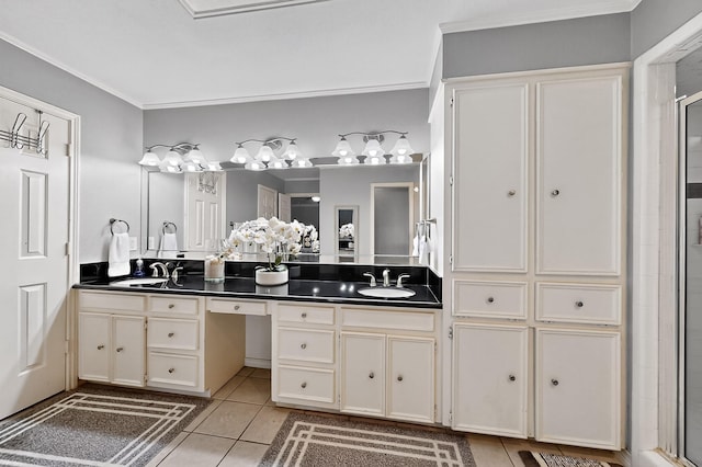 1721 Plummer Dr, Rockwall, TX 75087 - bathroom with tile patterned flooring, double vanity, crown molding, and a shower stall