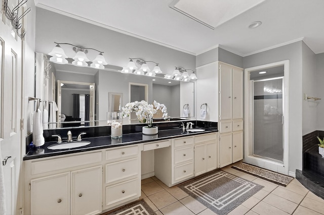 1721 Plummer Dr, Rockwall, TX 75087 - bathroom featuring double vanity, a shower stall, ornamental molding, and tile patterned floors