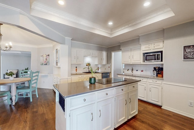 kitchen with dark wood-type flooring, a tray ceiling, a center island, white cabinetry, and stainless steel appliances