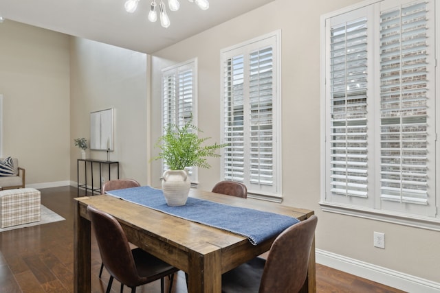 dining space with wood finished floors and baseboards