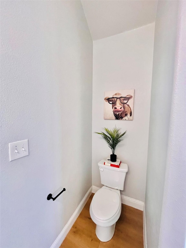 bathroom with toilet, baseboards, and wood finished floors