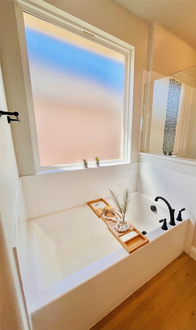 bathroom with wood finished floors and a bath