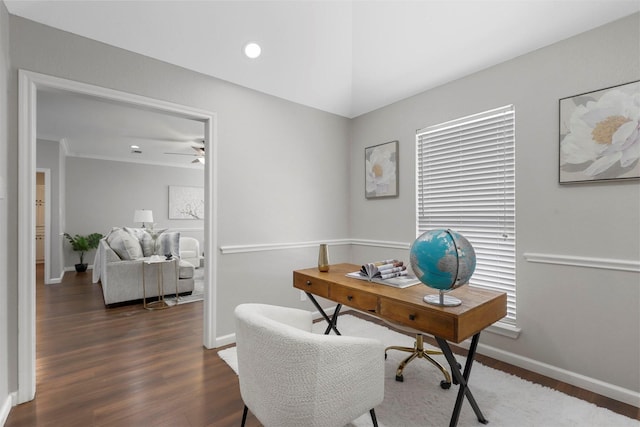 home office featuring ceiling fan, recessed lighting, dark wood finished floors, and baseboards