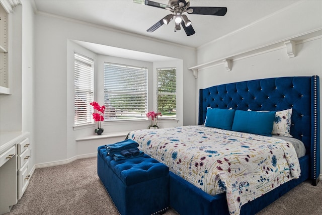 2616 NW Lambda Ln, Flower Mound, TX 75028 - carpeted bedroom featuring crown molding, baseboards, and ceiling fan