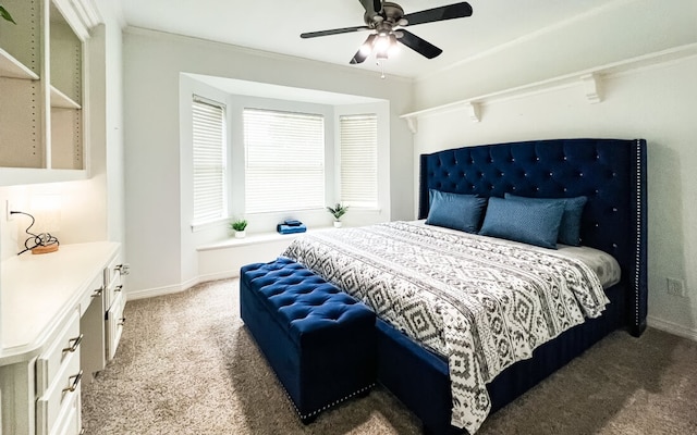 bedroom featuring carpet floors, ceiling fan, and baseboards