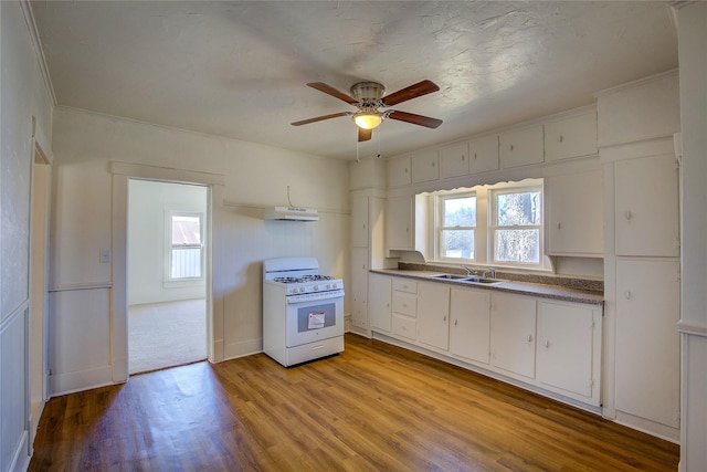 kitchen with white gas stove, plenty of natural light, white cabinetry, and under cabinet range hood