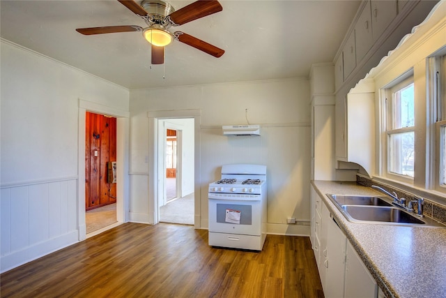 kitchen featuring dark wood-style floors, white gas range, a sink, and under cabinet range hood