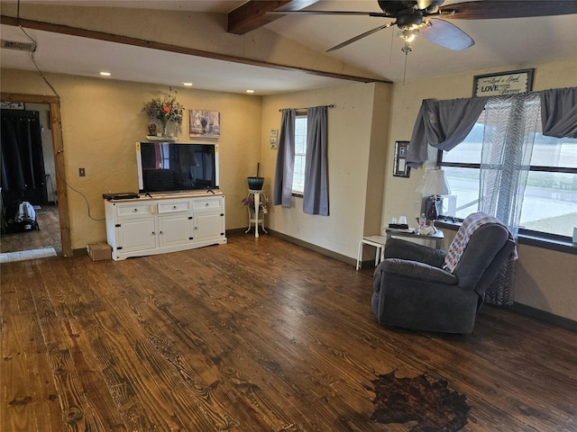 living area featuring visible vents, baseboards, dark wood finished floors, a ceiling fan, and vaulted ceiling with beams