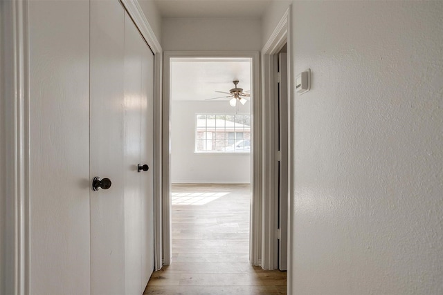 corridor with light wood-style flooring and a textured wall