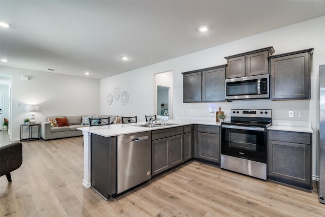 kitchen with open floor plan, a peninsula, light countertops, stainless steel appliances, and a sink