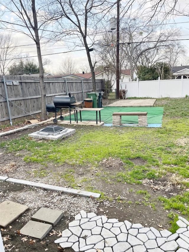 view of home's community with a fenced backyard and a lawn