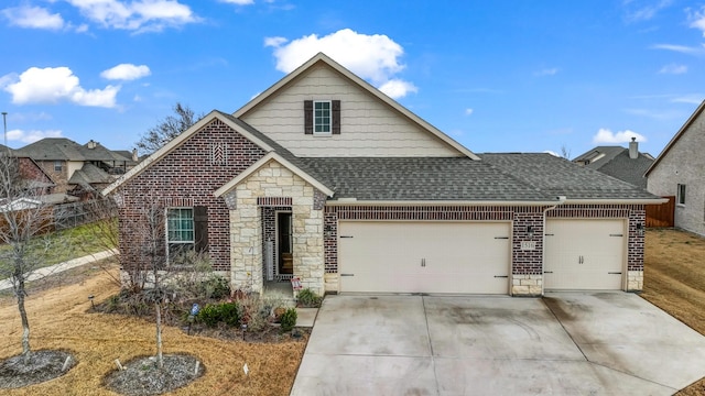 view of front facade featuring brick siding, a shingled roof, concrete driveway, a garage, and stone siding