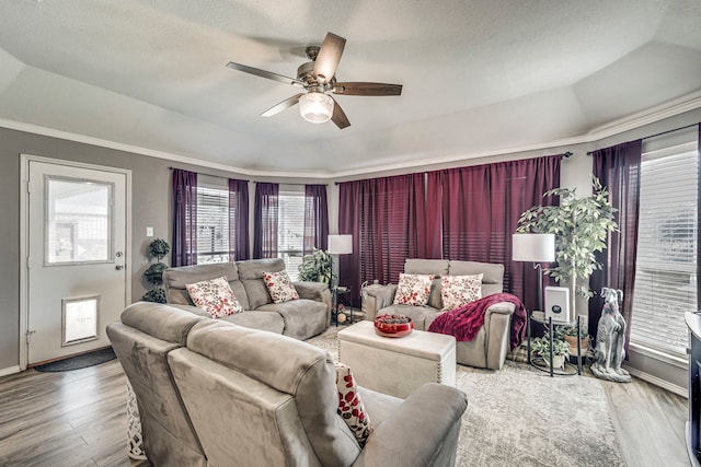 living area featuring a textured ceiling, a tray ceiling, wood finished floors, and a ceiling fan