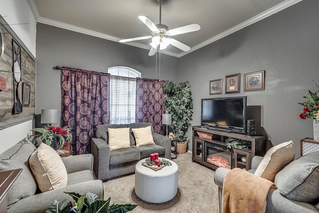 carpeted living area with ornamental molding, a ceiling fan, and a textured wall