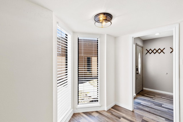 entryway with a healthy amount of sunlight, baseboards, and wood finished floors