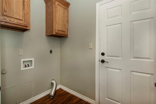 clothes washing area with cabinet space, baseboards, dark wood-style flooring, hookup for a washing machine, and hookup for an electric dryer