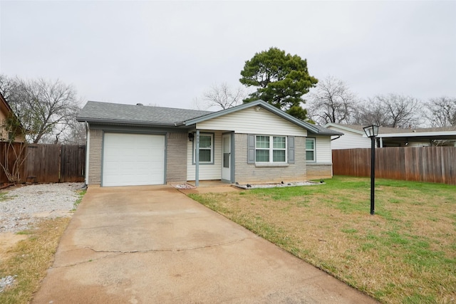 view of front of house featuring a garage, brick siding, fence, driveway, and a front lawn