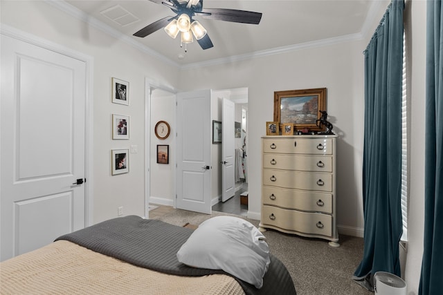 bedroom featuring light colored carpet, a ceiling fan, baseboards, visible vents, and ornamental molding