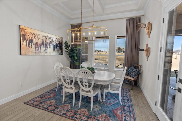 dining room featuring ornamental molding, coffered ceiling, a notable chandelier, and wood finished floors