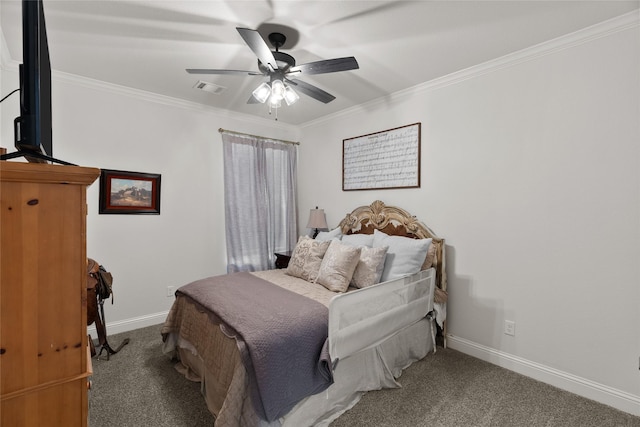 bedroom with crown molding, visible vents, carpet flooring, ceiling fan, and baseboards