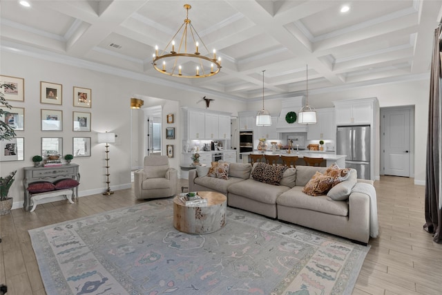 living room with a towering ceiling, light wood finished floors, and beamed ceiling