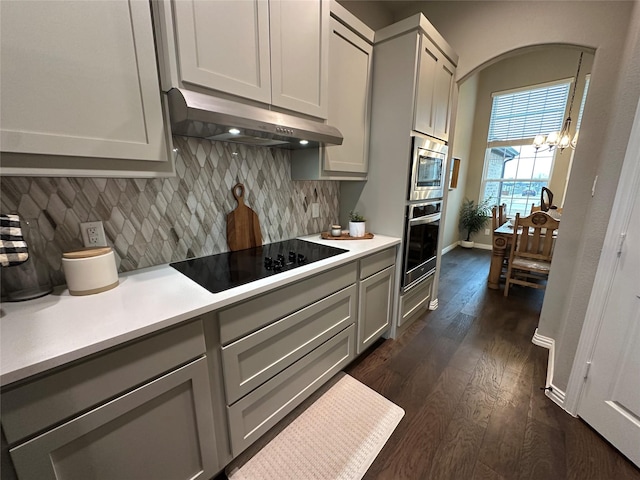 213 Stuart St, Paradise, TX 76073 - kitchen featuring appliances with stainless steel finishes, ventilation hood, gray cabinets, and dark wood finished floors