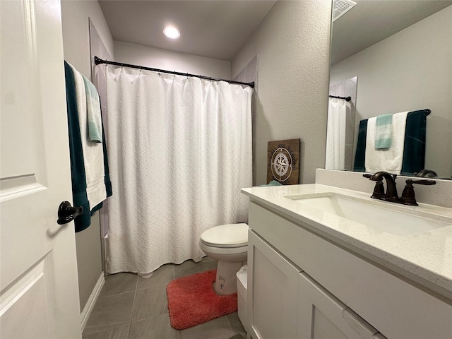 213 Stuart St, Paradise, TX 76073 - bathroom with vanity, tile patterned floors, a shower with curtain, and recessed lighting