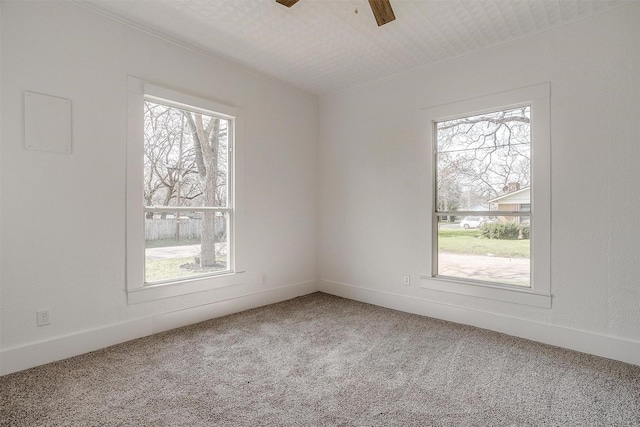 carpeted spare room with ceiling fan