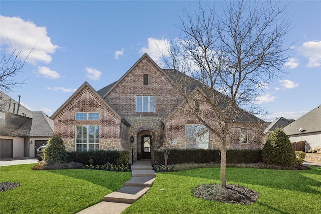 tudor home with a garage, stone siding, brick siding, and a front lawn