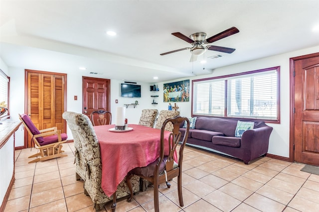 dining space featuring light tile patterned floors, recessed lighting, visible vents, ceiling fan, and baseboards