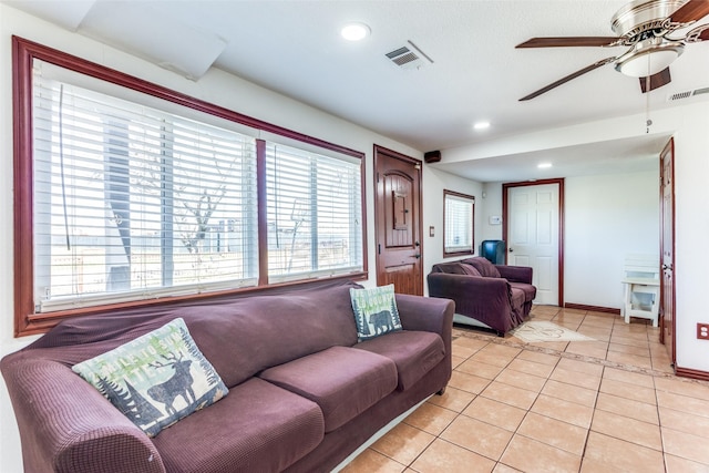 living area featuring recessed lighting, visible vents, a ceiling fan, and light tile patterned flooring