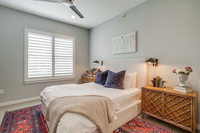 bedroom featuring carpet floors, recessed lighting, baseboards, and a ceiling fan