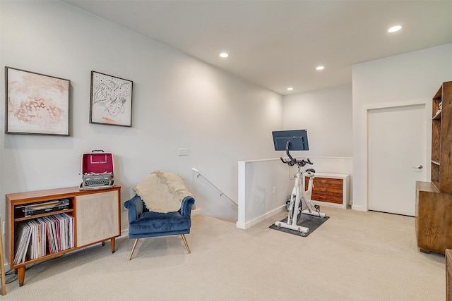 exercise area with carpet, baseboards, and recessed lighting