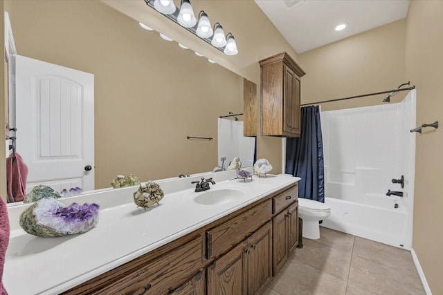 full bath featuring toilet, tile patterned flooring, vanity, and shower / bathtub combination with curtain