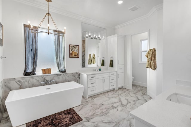 bathroom with visible vents, two vanities, marble finish floor, crown molding, and a sink