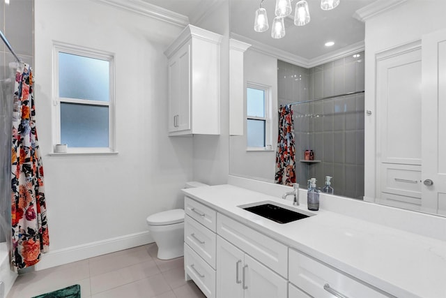 bathroom featuring toilet, a shower with shower curtain, ornamental molding, tile patterned flooring, and baseboards