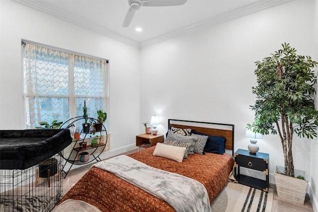 bedroom featuring baseboards, ornamental molding, ceiling fan, and recessed lighting