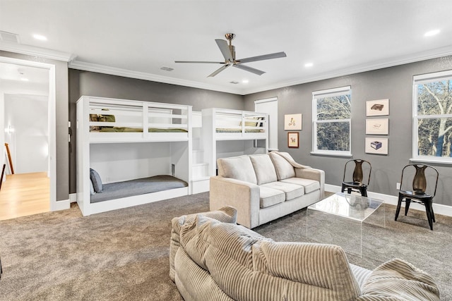 carpeted bedroom featuring recessed lighting, crown molding, and baseboards