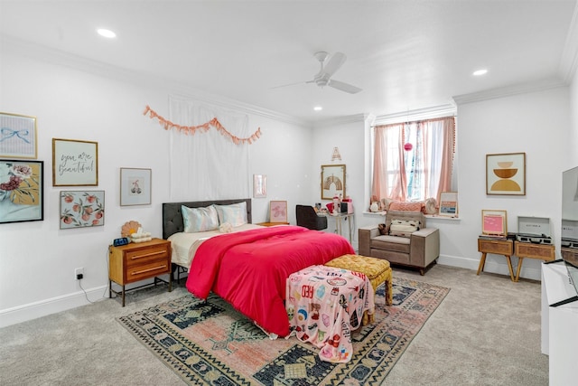 carpeted bedroom with baseboards, ornamental molding, and recessed lighting