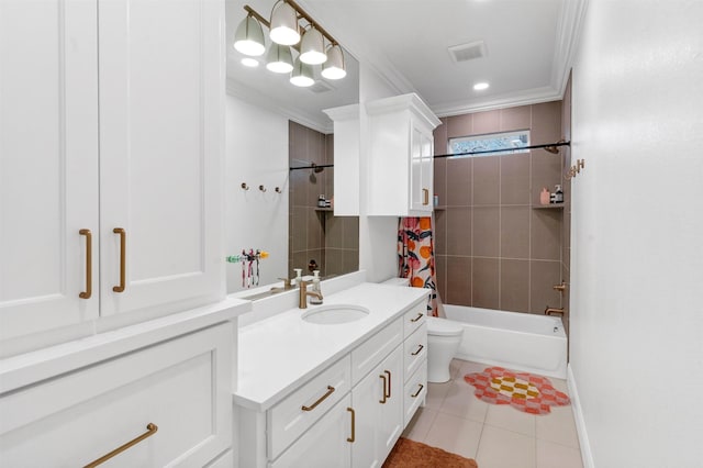 full bath with tile patterned flooring, vanity, visible vents, shower / bath combo, and crown molding