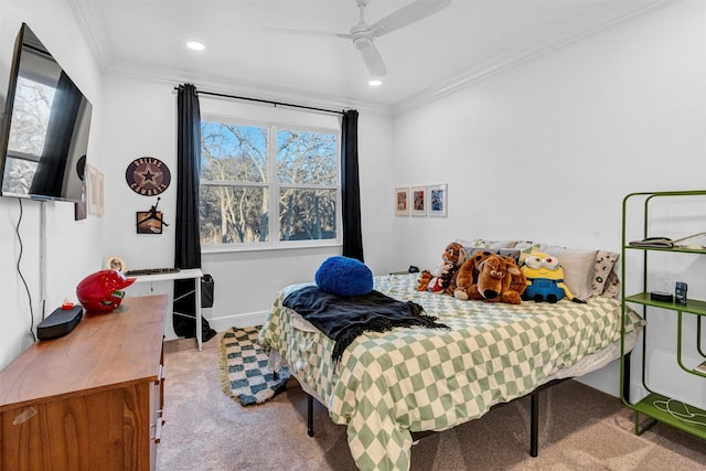 carpeted bedroom with ornamental molding, recessed lighting, baseboards, and a ceiling fan