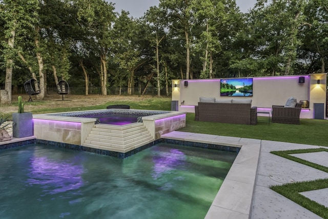 pool featuring an outdoor hangout area, a yard, and a hot tub