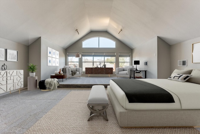 bedroom featuring visible vents, high vaulted ceiling, and carpet floors