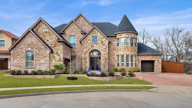 french country inspired facade featuring a garage, driveway, brick siding, and a front yard