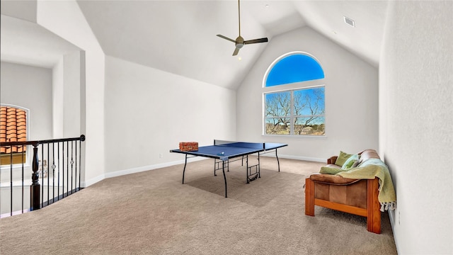 rec room with high vaulted ceiling, carpet, visible vents, and baseboards