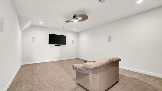 home theater room featuring ceiling fan, recessed lighting, light carpet, visible vents, and baseboards