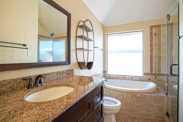 full bath with toilet, a relaxing tiled tub, vanity, vaulted ceiling, and a shower stall