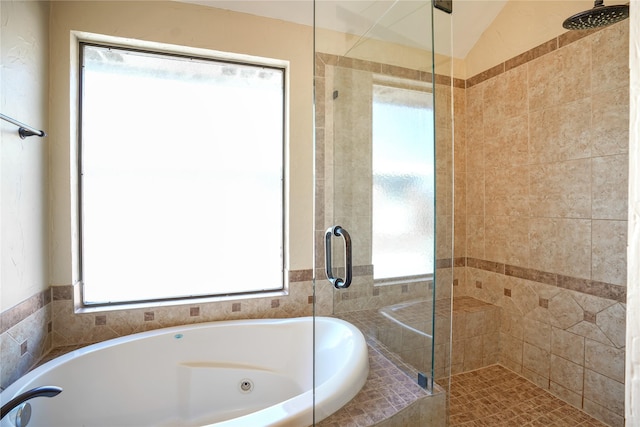 full bath featuring a wealth of natural light, a shower stall, and a bath