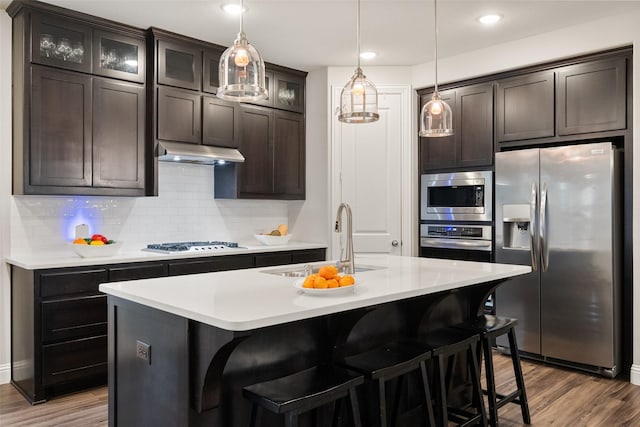 kitchen with tasteful backsplash, wood finished floors, stainless steel appliances, under cabinet range hood, and a sink