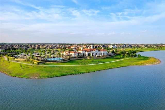 aerial view with a water view and a residential view